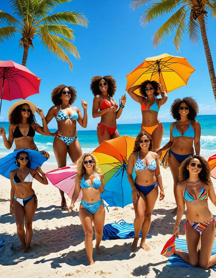 A sunny beach scene with diverse women confidently showcasing various trendy thongs and bikinis. Include colorful beach towels, sunglasses, and stylish accessories. Capture the joy of summer with vibrant umbrellas and palm trees in the background. The overall atmosphere should radiate confidence and celebration of body positivity. super-realistic. vibrant colors. bright blue sky.