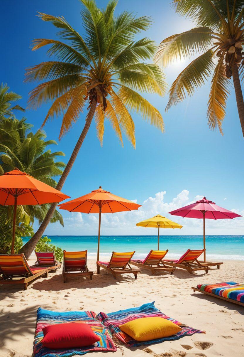 A vibrant beach scene showcasing a diverse group of people wearing stylish swimwear, basking under the sun with colorful umbrellas and beach towels. Highlight a variety of swimwear styles and accessories, like sunglasses and hats. Include palm trees and crystal-clear water in the background to evoke a summer vibe. Emphasize bright colors and joyful expressions. tropical paradise. 3D. vibrant colors.